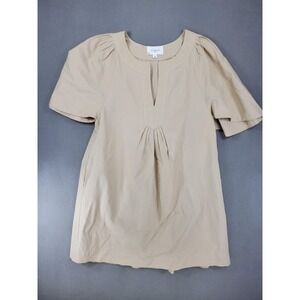 Pomander Place Tunic Women L Beige Split Neck Flutter Sleeve Cotton Pleated